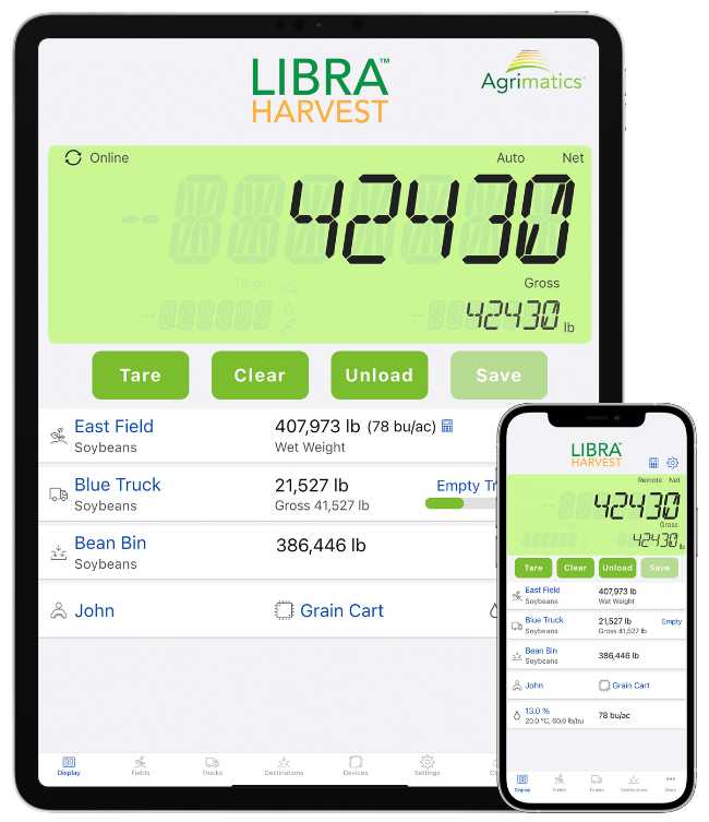 A tablet and phone running the Libra Harvest app