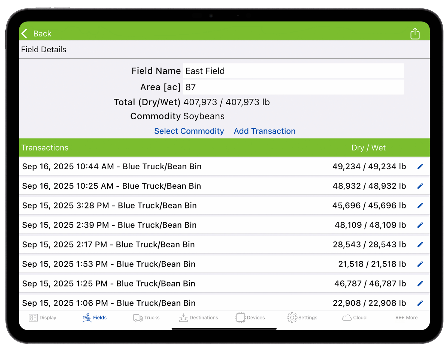 A landscape tablet showing the Field Details screen of the Libra Harvest app