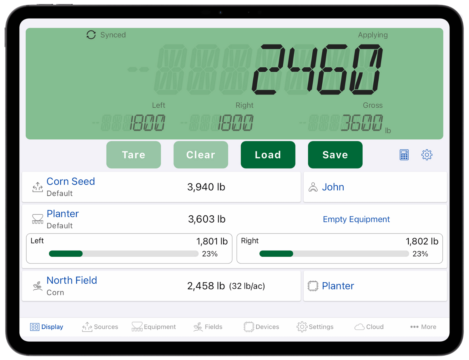 a tablet in landscape showing the Display tab of the Libra Plant app during a product application