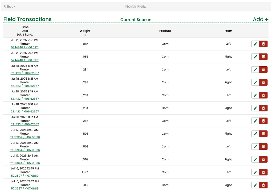 a screenshot of a field transactions page in libra Plant on desktop