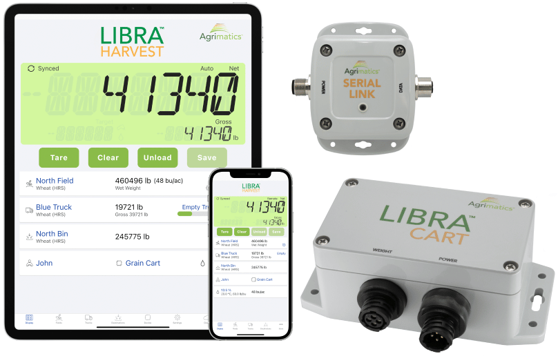 Tablet running Libra Harvest app beside Libra Cart M0014 and Serial Link M0080 hardware