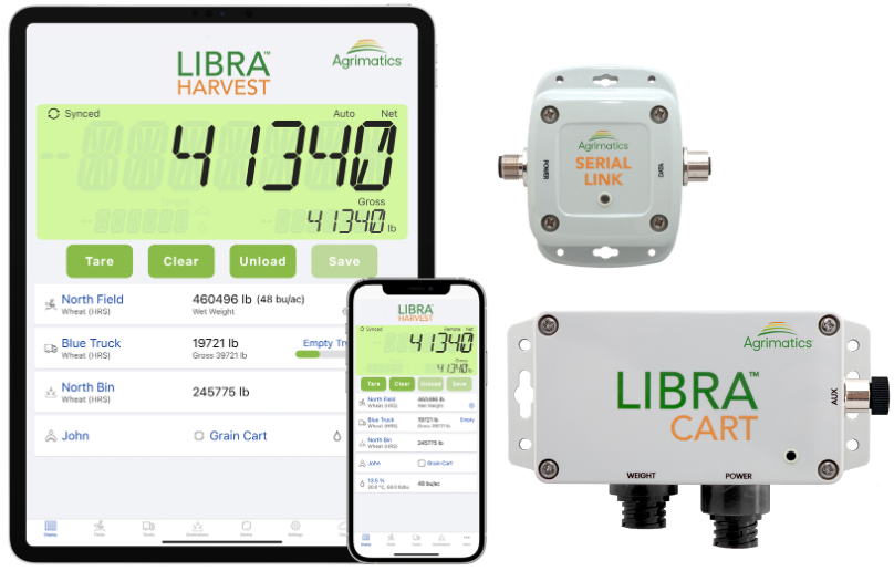 Tablet running Libra Harvest app beside Libra Cart M0018 and Serial Link M0080 hardware